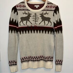 L.L.Bean Signature Womens Nordic Moose Fair Isle Sweater Small Cream Merino Wool
